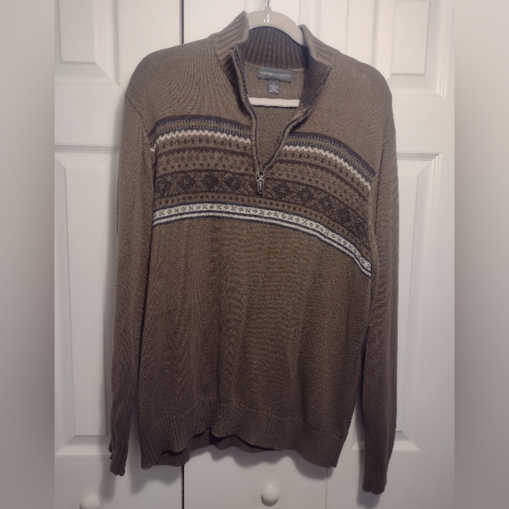 Tricots St Raphael Men's L Fair Isle Quarter Zip Knit Sweater Brown Cabin Core